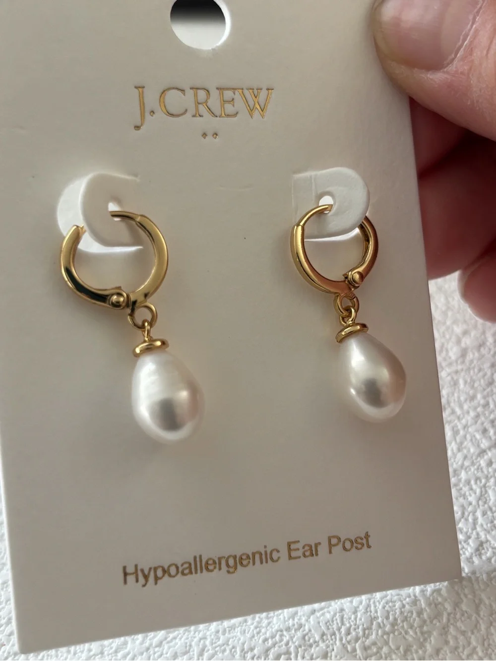 New J. Crew Gold Hoop Earrings with White Pearl Drops